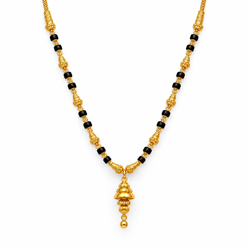 Gold Mangalsutra with Bell-Shaped Pendant & Black Beads