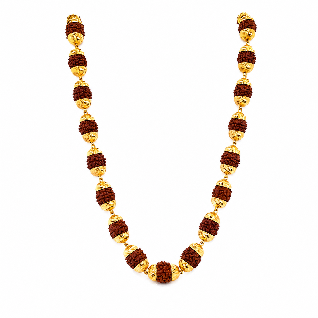 Traditional gold necklace featuring clustered Rudraksha beads with ornate gold caps and textured decorative elements, arranged in a distinctive long-chain design.