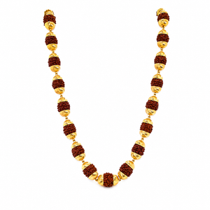 Traditional gold necklace featuring clustered Rudraksha beads with ornate gold caps and textured decorative elements, arranged in a distinctive long-chain design.