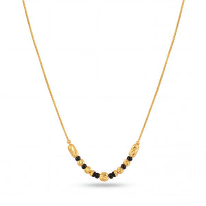 Stylish gold mangalsutra featuring delicate chain, black bead detailing, decorative gold center beads, and a graceful lightweight design for everyday wear.