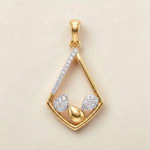 Yellow gold geometric teardrop pendant featuring asymmetrical design with pavé-set diamonds on one side and pear-shaped diamond accents at the base for a sleek contemporary look.