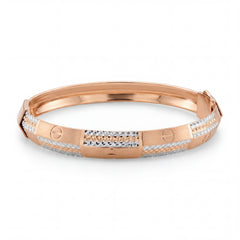Rose gold kada-style bangle featuring a sleek geometric design with textured gold panels, diamond-accented sections, and screw motif detailing for a contemporary luxury look.