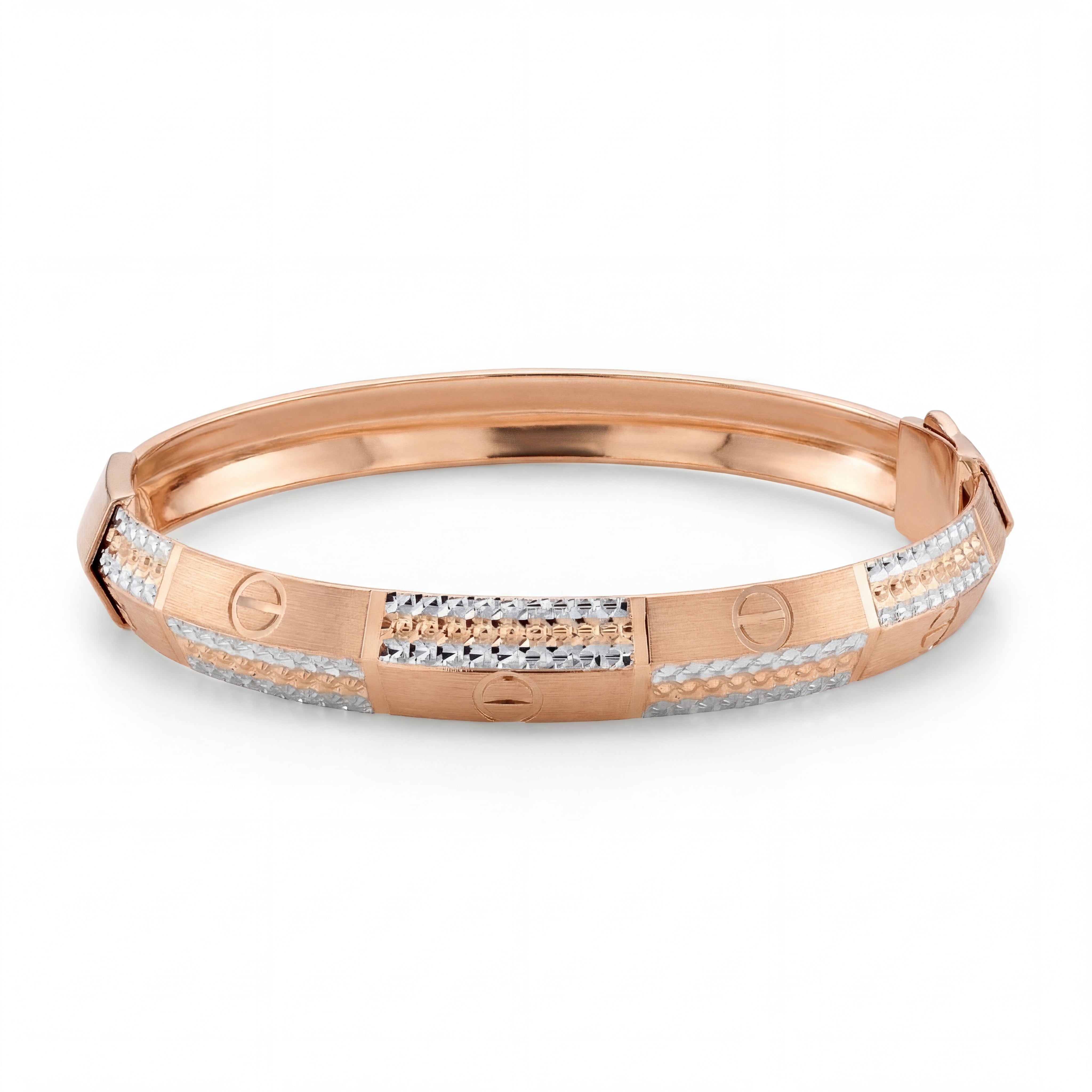 Rose gold kada-style bangle featuring a sleek geometric design with textured gold panels, diamond-accented sections, and screw motif detailing for a contemporary luxury look.