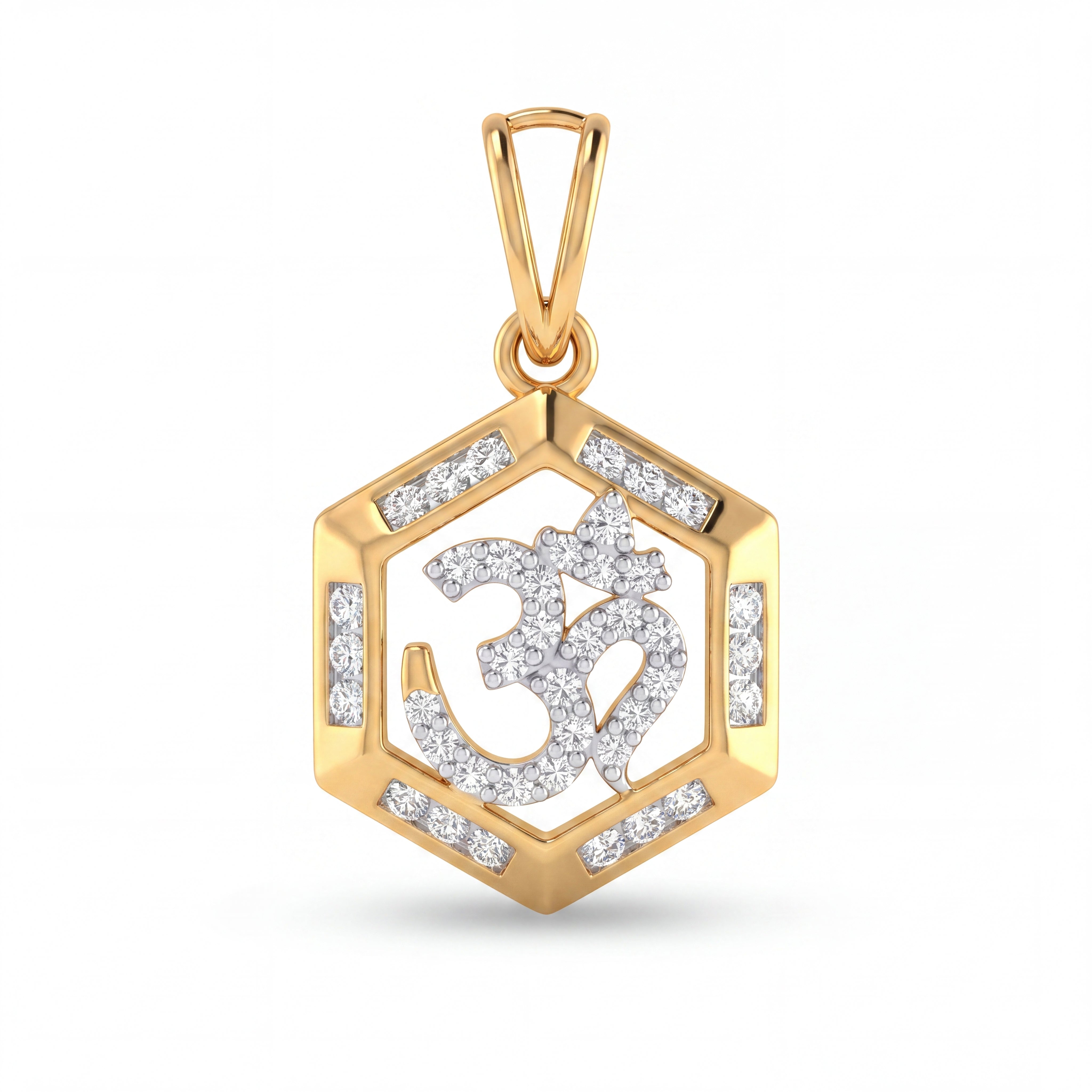 Gold hexagonal pendant featuring a diamond-studded Om symbol at the center, surrounded by a geometric gold frame with diamond accents and an elegant gold bail.