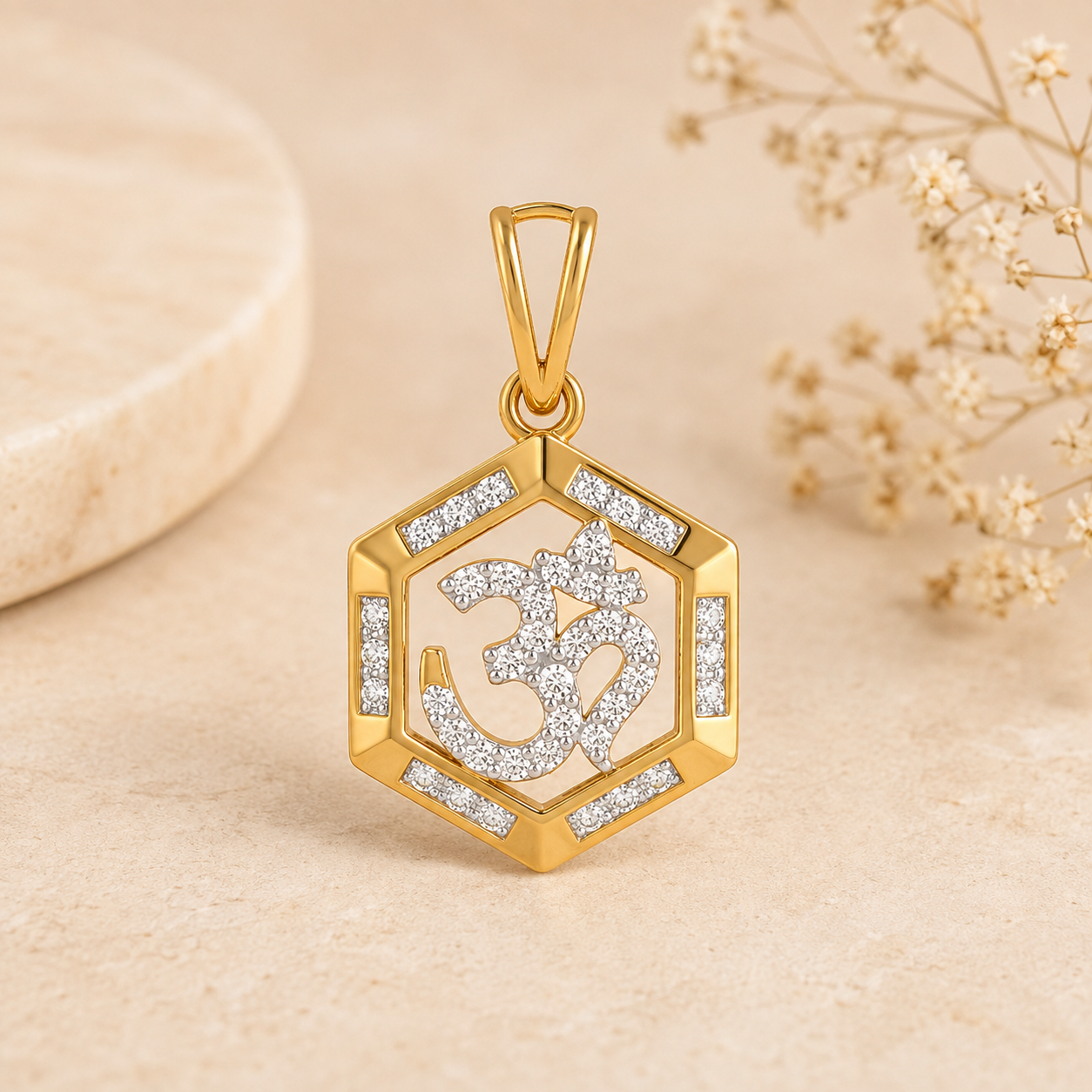 Gold hexagonal pendant featuring a diamond-studded Om symbol at the center, surrounded by a geometric gold frame with diamond accents and a polished gold bail.