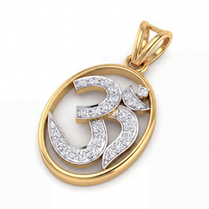Elegant gold oval pendant featuring a diamond-studded Om symbol with a polished gold frame and double-loop bail.