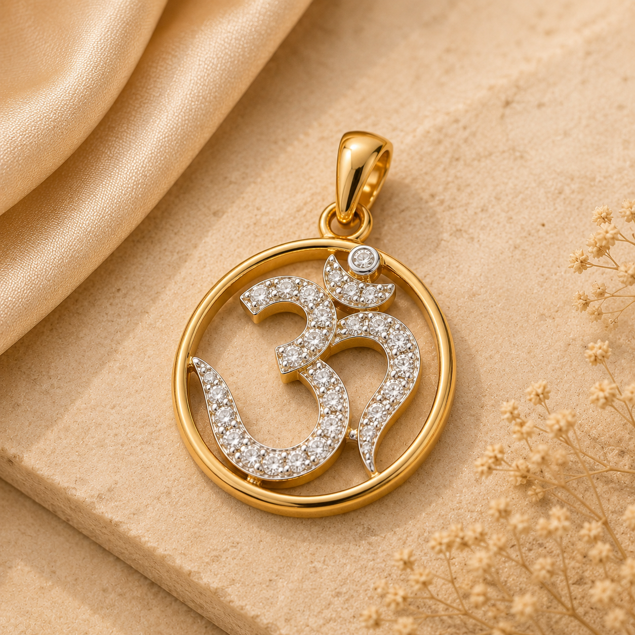 Gold Om pendant featuring a diamond-studded Om symbol set within a polished circular gold frame, with a sleek gold bail.