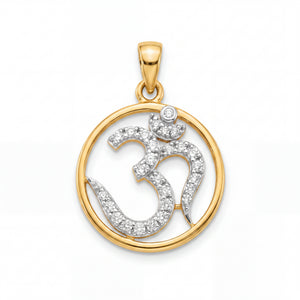 Elegant gold round pendant featuring a diamond-studded Om symbol within a polished circular gold frame, finished with a gold bail.