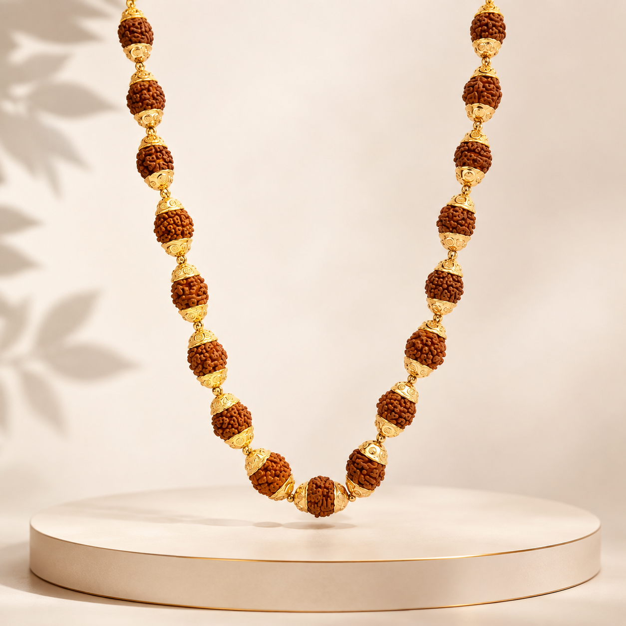Traditional gold necklace featuring richly textured Rudraksha beads with ornate gold caps and connectors, creating an elegant and heritage-inspired long necklace design.