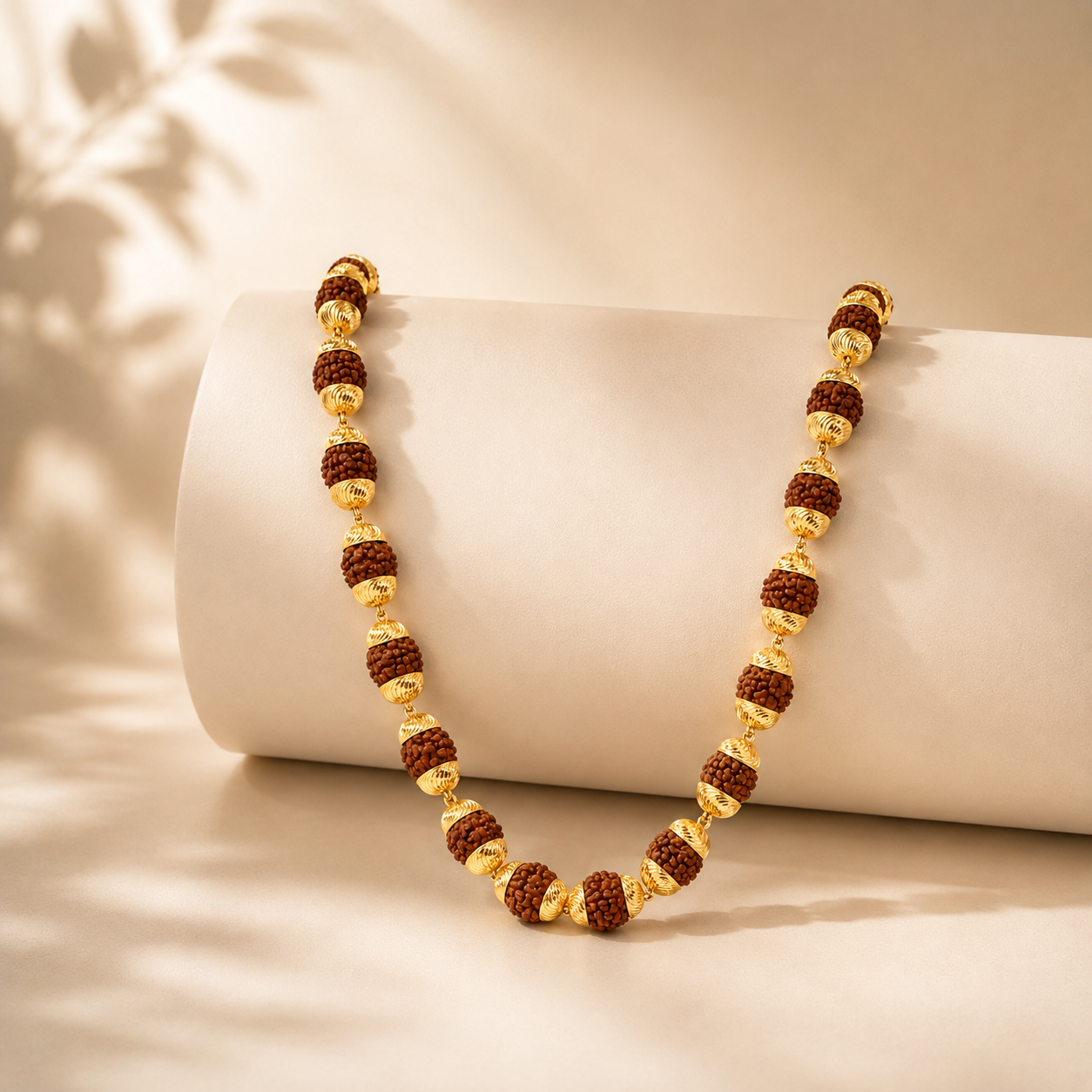 Elegant gold necklace featuring textured Rudraksha beads paired with ornate gold bead caps and decorative accents, creating a luxurious traditional long-chain jewellery design.