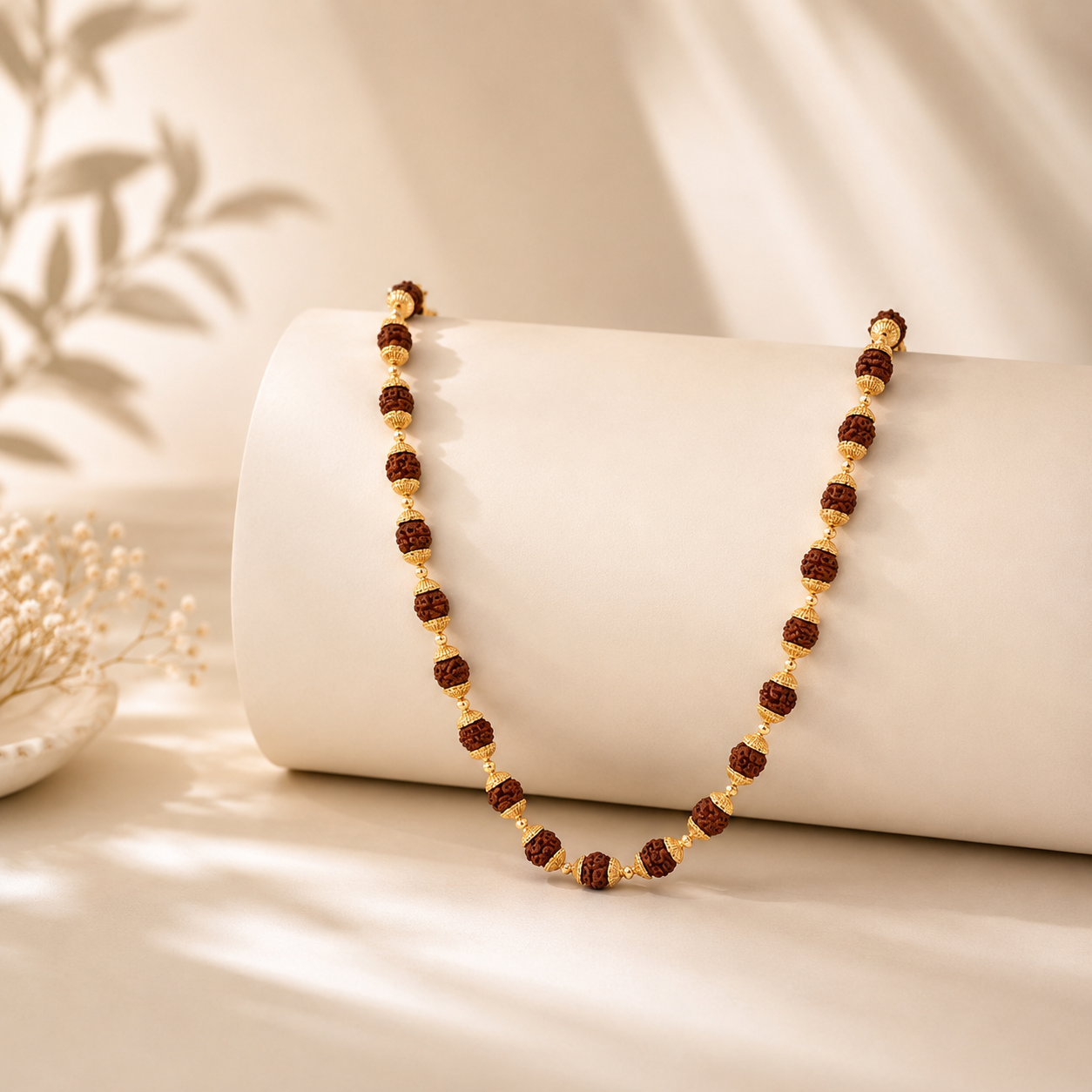 Traditional gold necklace featuring richly textured Rudraksha beads with intricate gold caps and decorative connectors, arranged in an elegant long-chain design.