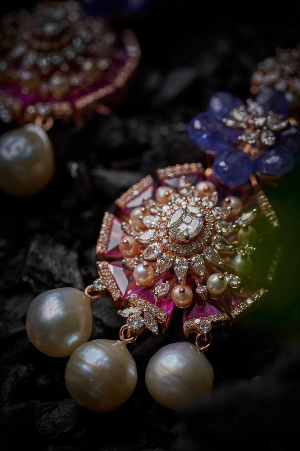 Prakrutik Ruby Pearl Cascade Diamond Necklace