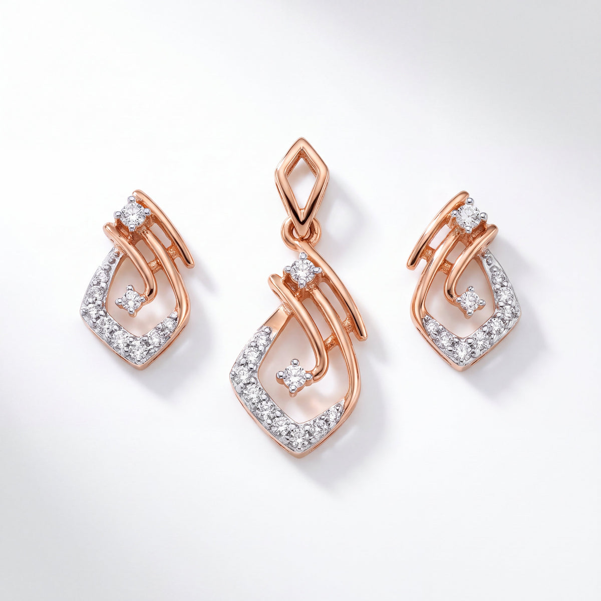 18KT Rose Gold Diamond Geometric Pendant Set