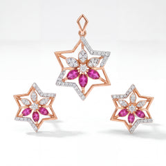 18KT Rose Gold Diamond & Pink Sapphire Star Pendant Set