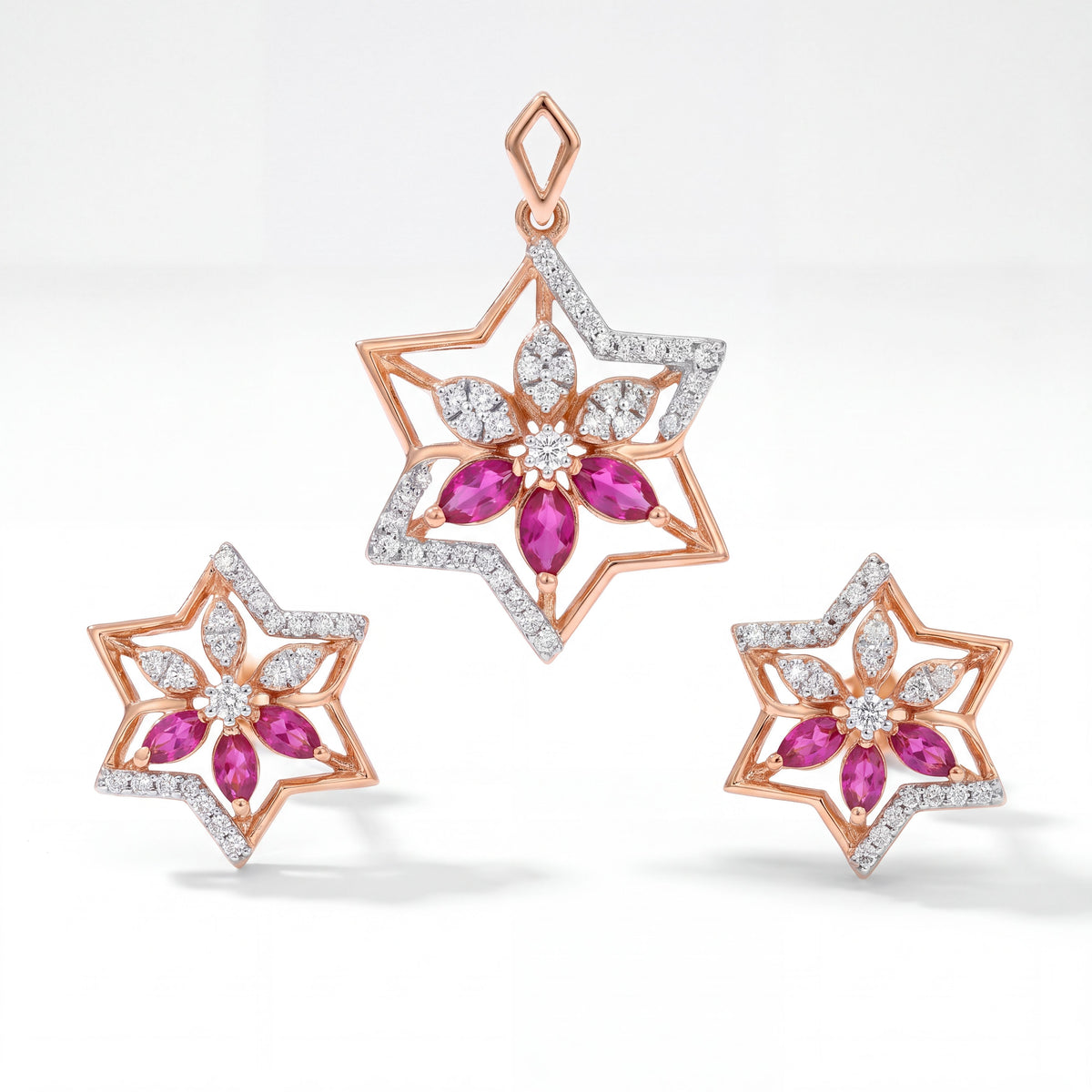 18KT Rose Gold Diamond & Pink Sapphire Star Pendant Set