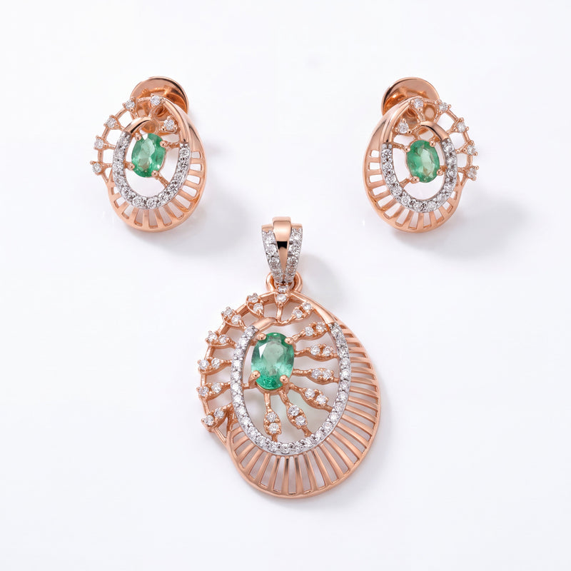 18KT Rose Gold Diamond & Emerald Pendant Set