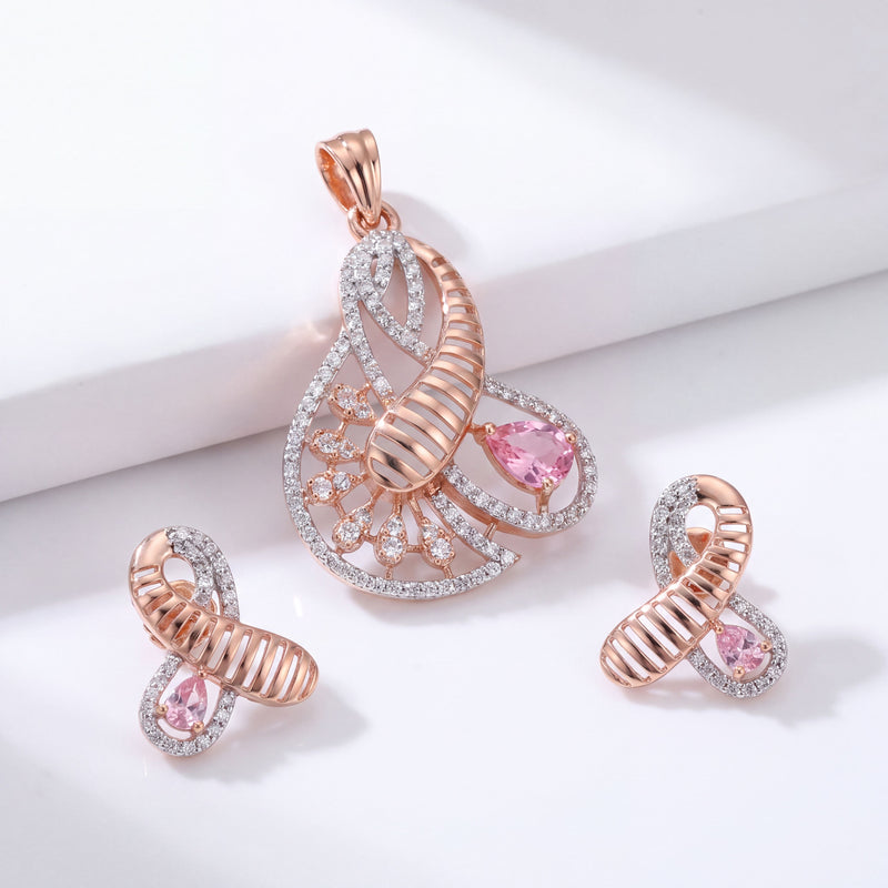 18KT Rose Gold Diamond & Pink Gemstone Pendant Set