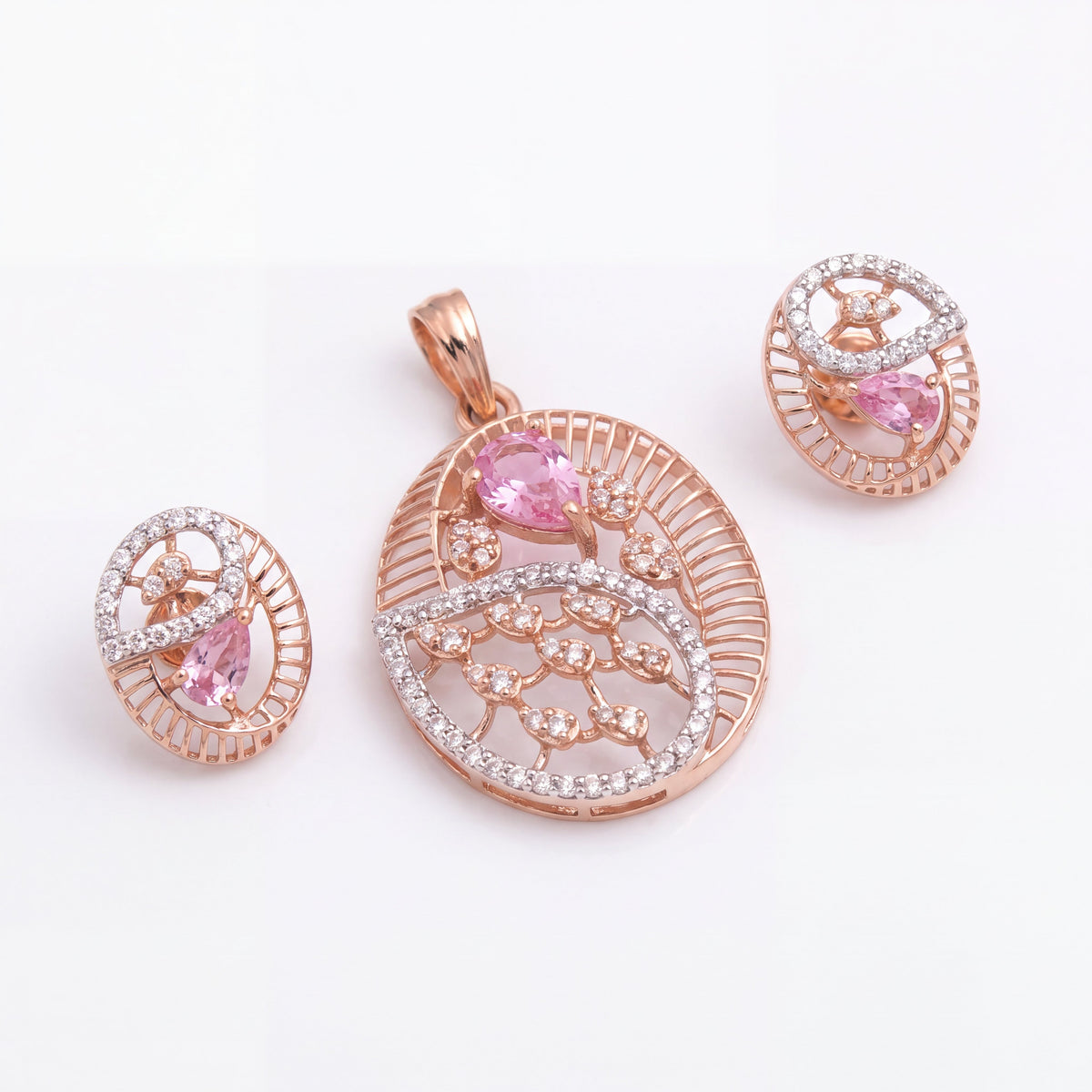 18KT Rose Gold Diamond & Pink Stone Pendant Set