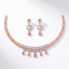 Pink Teardrop Gemstone & Diamond Gold Necklace Set