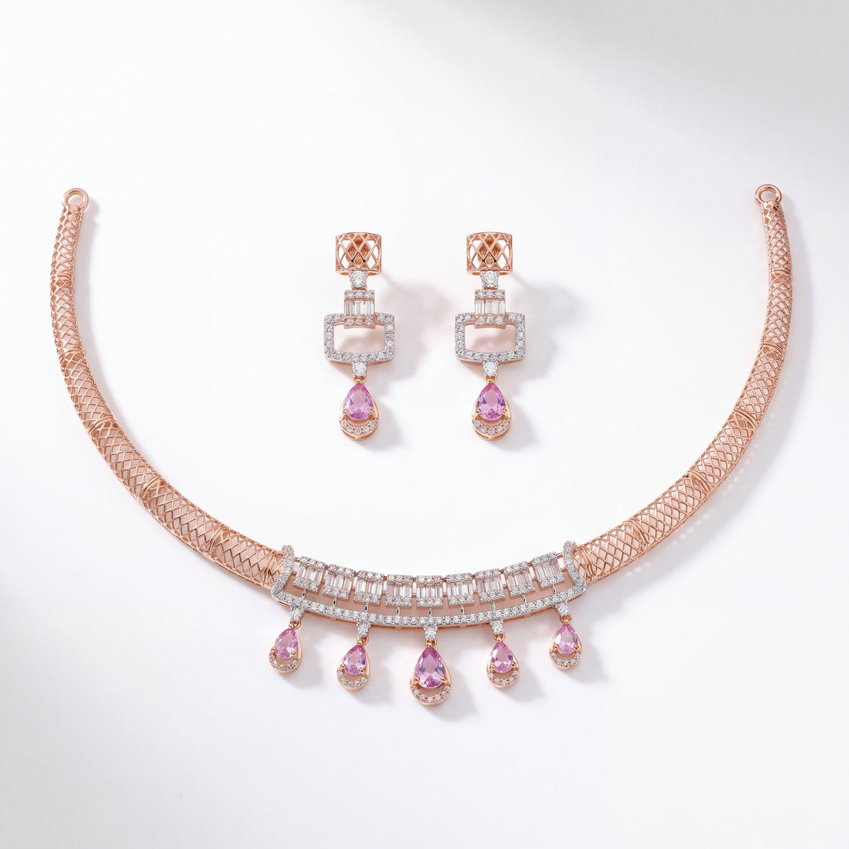 Pink Teardrop Gemstone & Diamond Gold Necklace Set