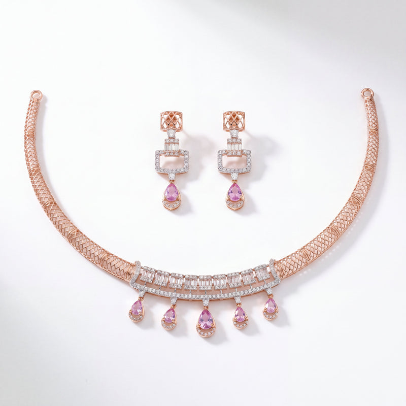 Pink Teardrop Gemstone & Diamond Gold Necklace Set