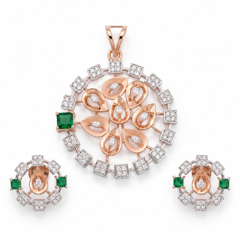18KT Rose Gold Diamond & Emerald Floral Pendant Set