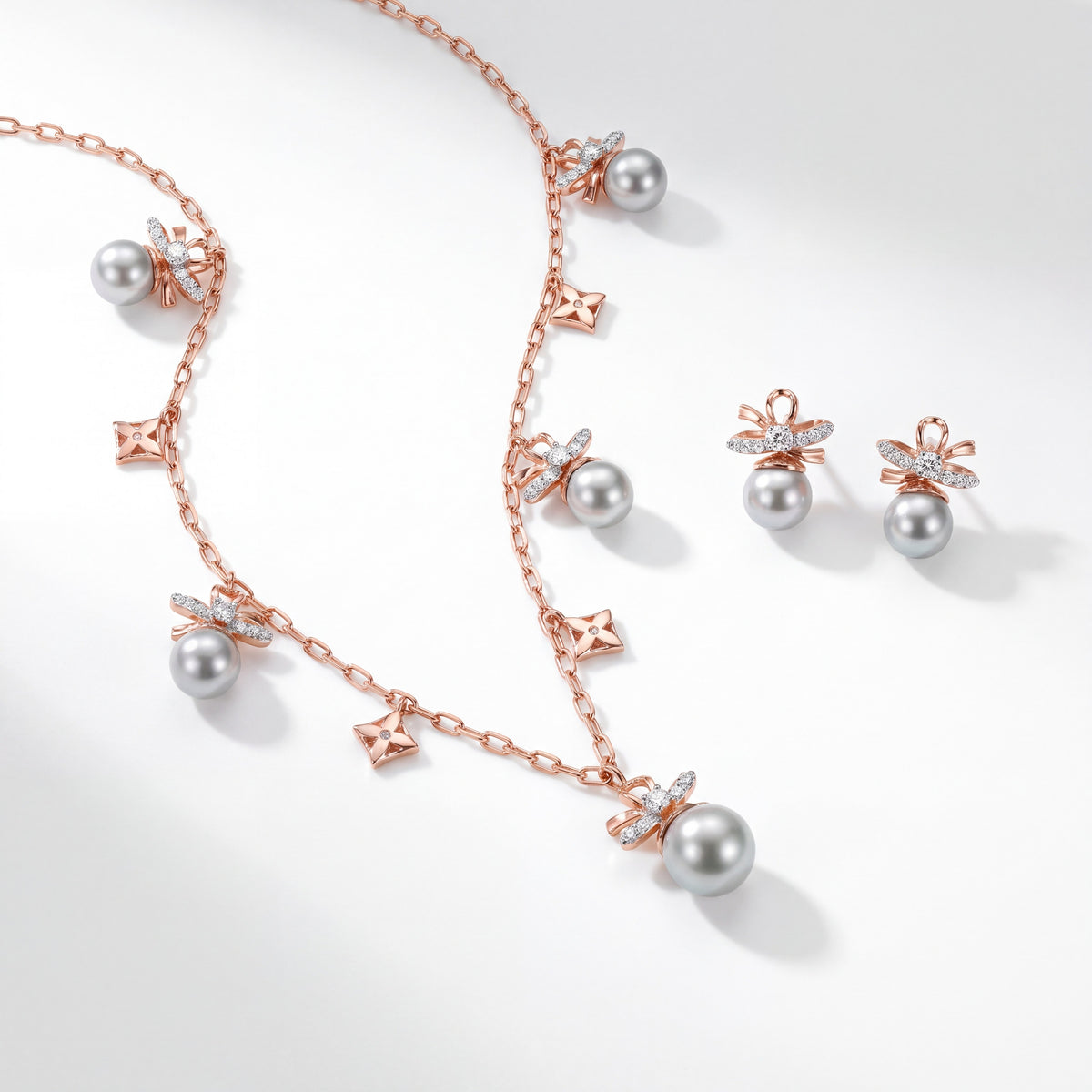 Pearl & Diamond Floral Gold Necklace Set