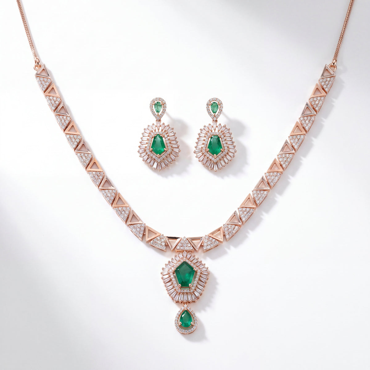 Emerald & Diamond Geometric Gold Necklace Set