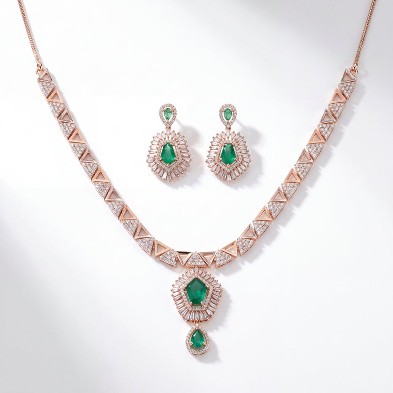 Emerald & Diamond Geometric Gold Necklace Set