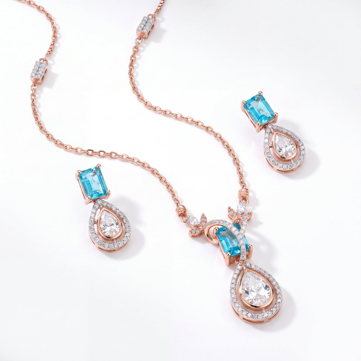 Blue Topaz & Diamond Gold Pendant Necklace Set