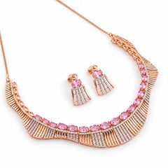 Elegant Pink Gemstone & Diamond Gold Necklace Set