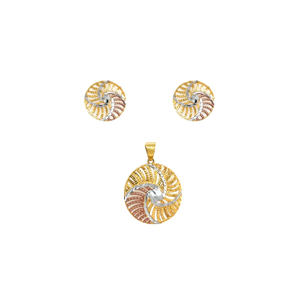 22K Tricolour Gold Round Pendant Set | Spiral Swirl Design Pendant with Matching Earrings