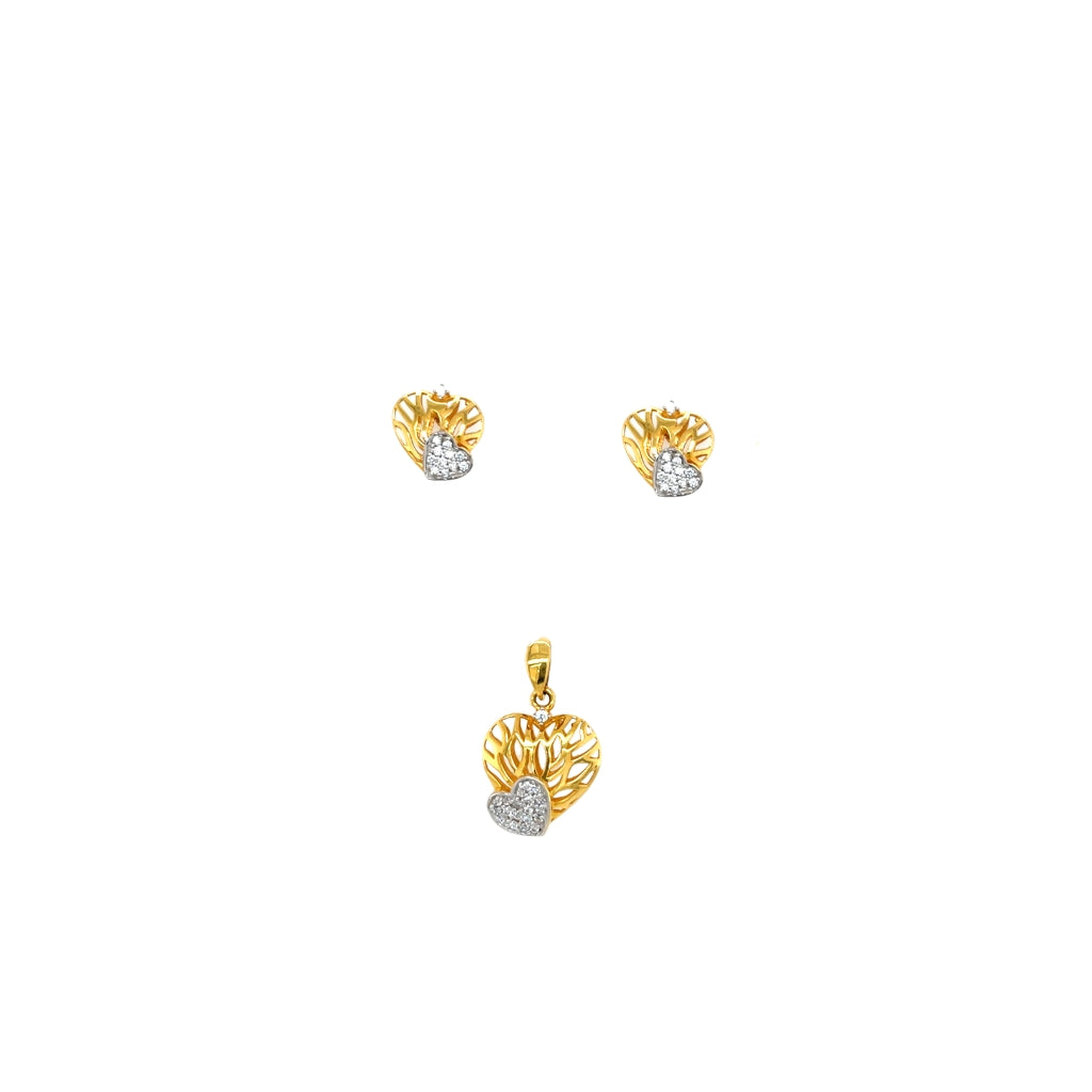 22K Gold Heart Pendant Set with CZ Stones | Minimal Everyday Heart Design Earrings & Pendant