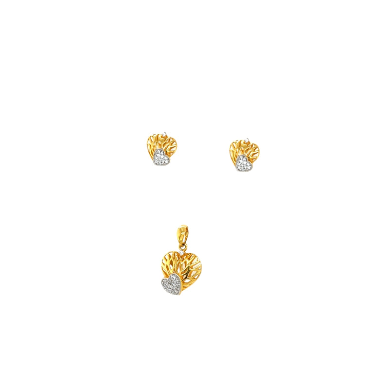 22K Gold Heart Pendant Set with CZ Stones | Minimal Everyday Heart Design Earrings & Pendant