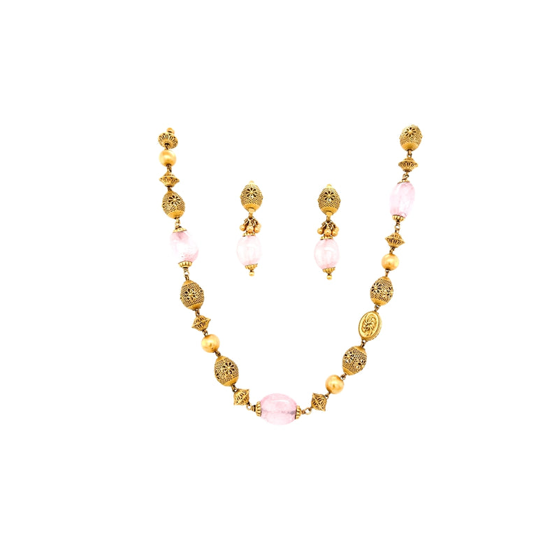 Antique Gold & Pink Beaded Necklace Set | Traditional Ethnic Mala with Matching Earrings