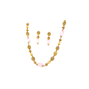 Antique Gold & Pink Beaded Necklace Set | Traditional Ethnic Mala with Matching Earrings