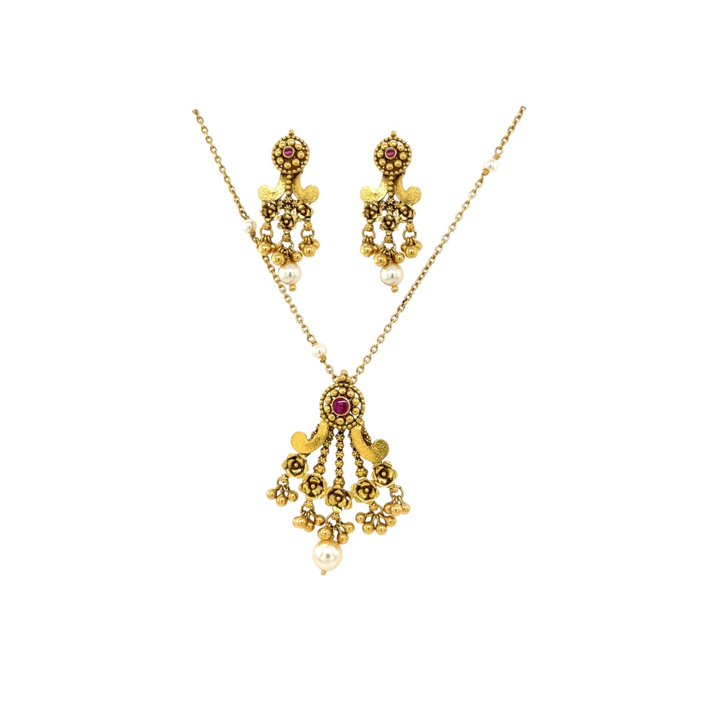 Antique Temple Gold Necklace Set with Pearl Drops | Traditional Nakshi Pendant & Earrings