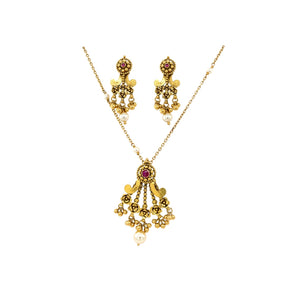 Antique Temple Gold Necklace Set with Pearl Drops | Traditional Nakshi Pendant & Earrings