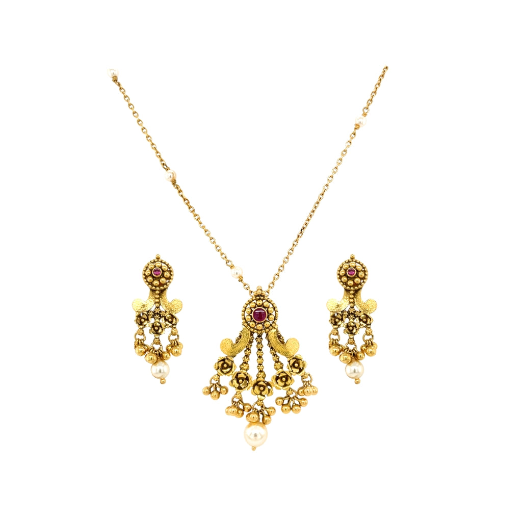 Antique Temple Gold Necklace Set with Pearl Drops | Traditional Nakshi Pendant & Earrings