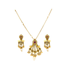Antique Temple Gold Necklace Set with Pearl Drops | Traditional Nakshi Pendant & Earrings