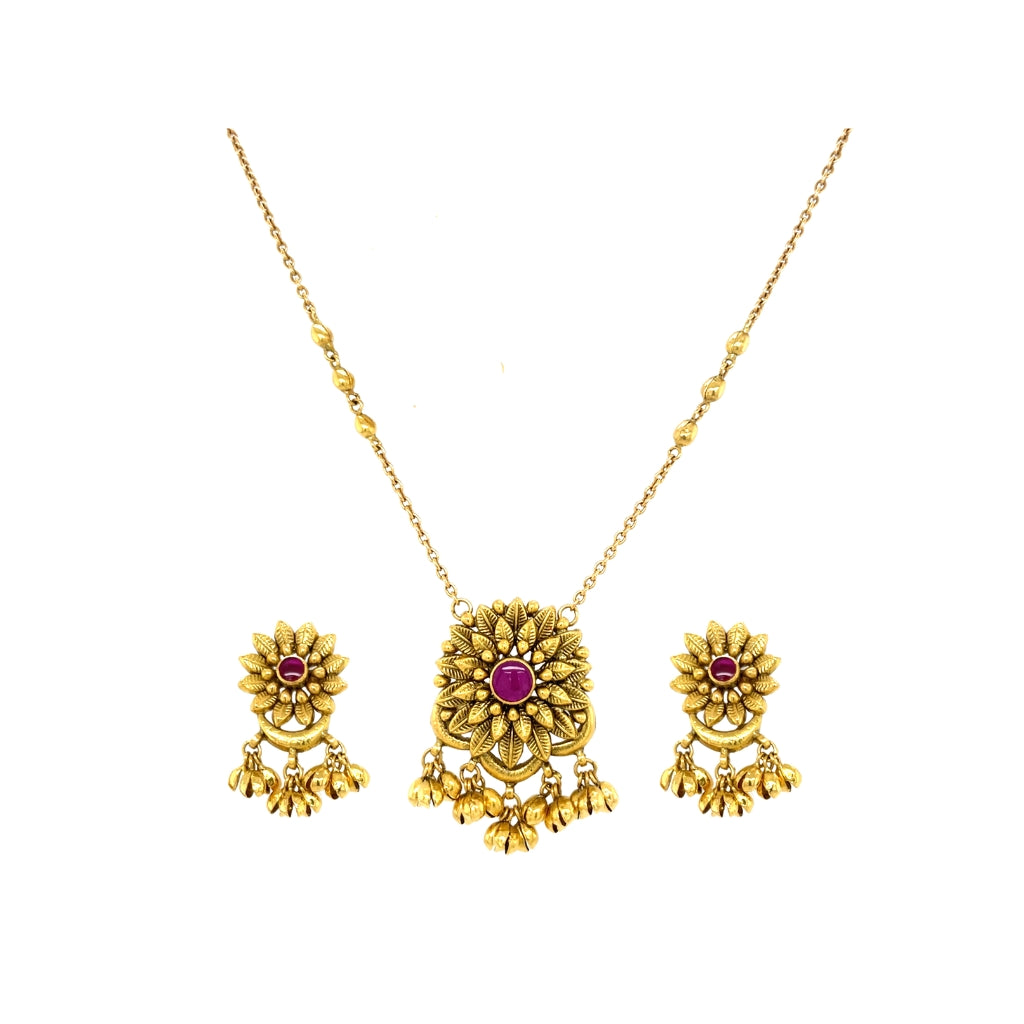 Antique Gold Floral Necklace Set with Ruby Stone
