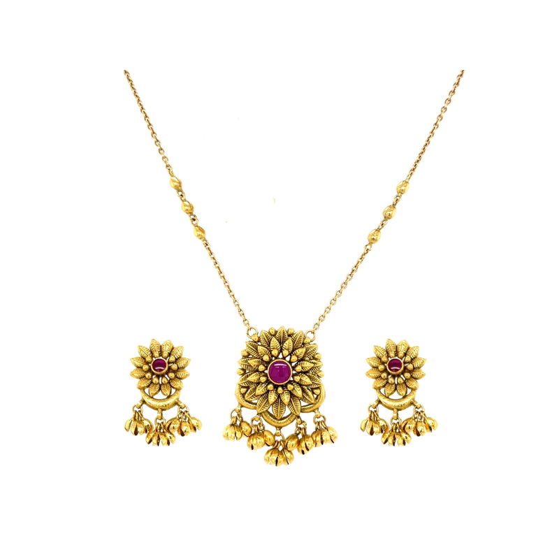 Antique Gold Floral Necklace Set with Ruby Stone