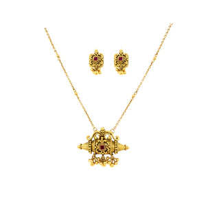 Antique Gold Temple Necklace Set with Ruby Square Stone