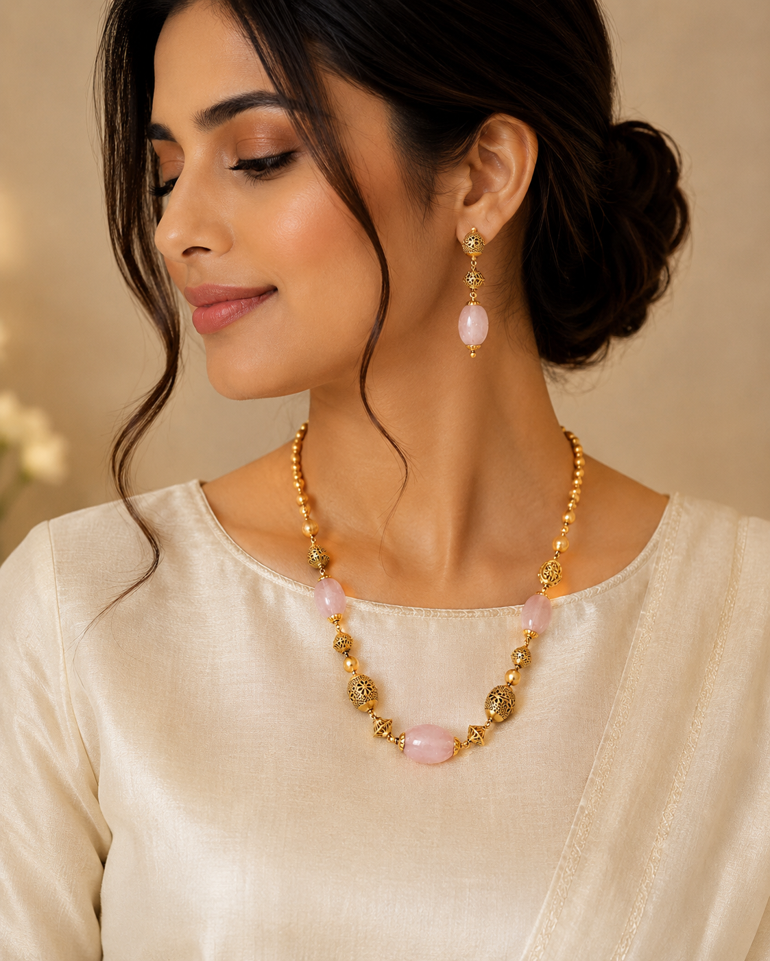 Elegant gold jewellery set featuring soft pink gemstone beads, ornate gold beads, and matching dangling earrings, creating a graceful traditional-inspired look.