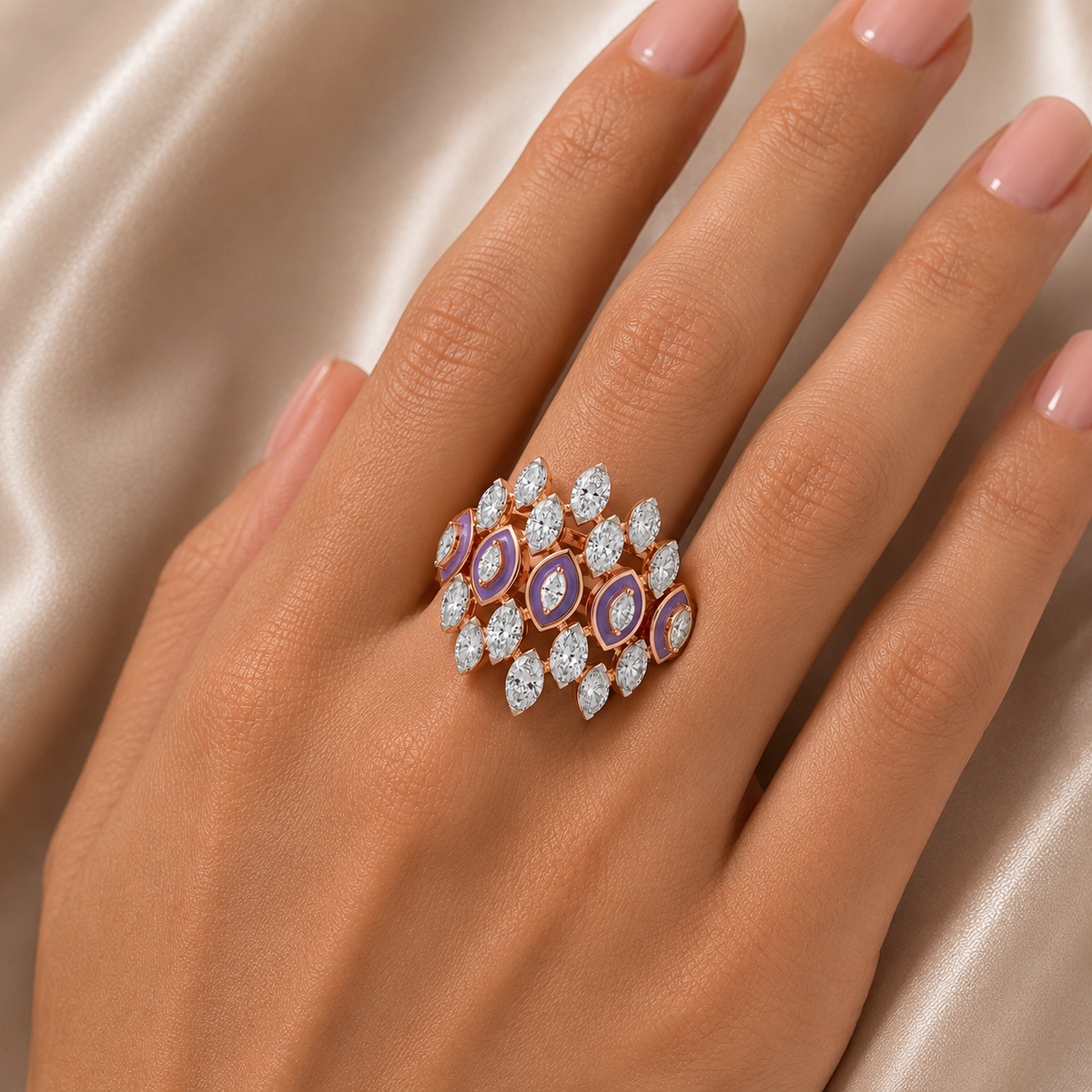 Statement gold ring featuring multiple oval purple gemstones framed with halos of sparkling diamonds and surrounded by marquise-cut diamond accents in an intricate clustered design.