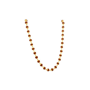 Sacred gold mala necklace featuring evenly spaced natural Rudraksha beads with elegant gold connectors on a white background.