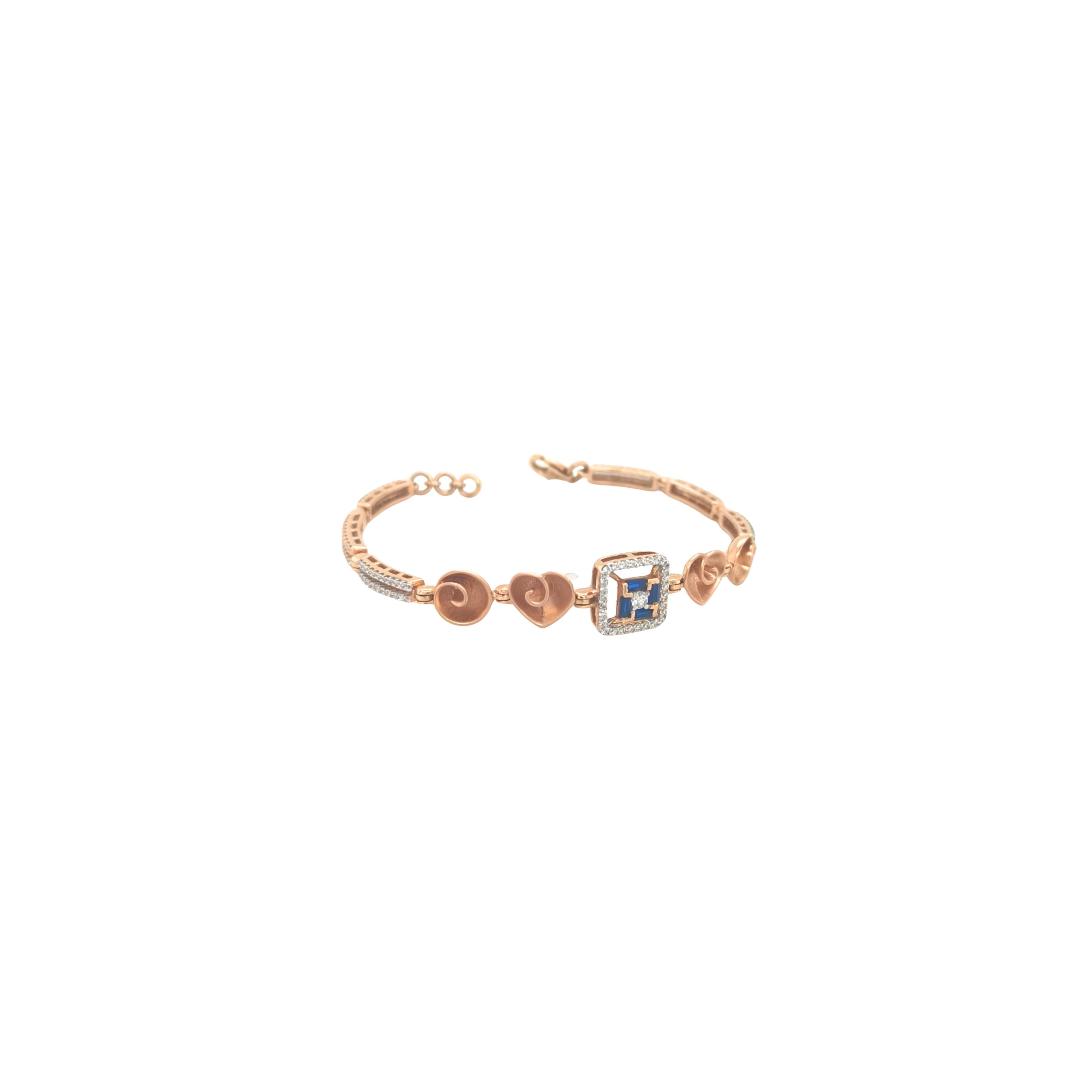 Elegant rose gold bracelet featuring heart motifs, a square blue sapphire centerpiece, and sparkling diamond accents with an adjustable clasp on a white background.