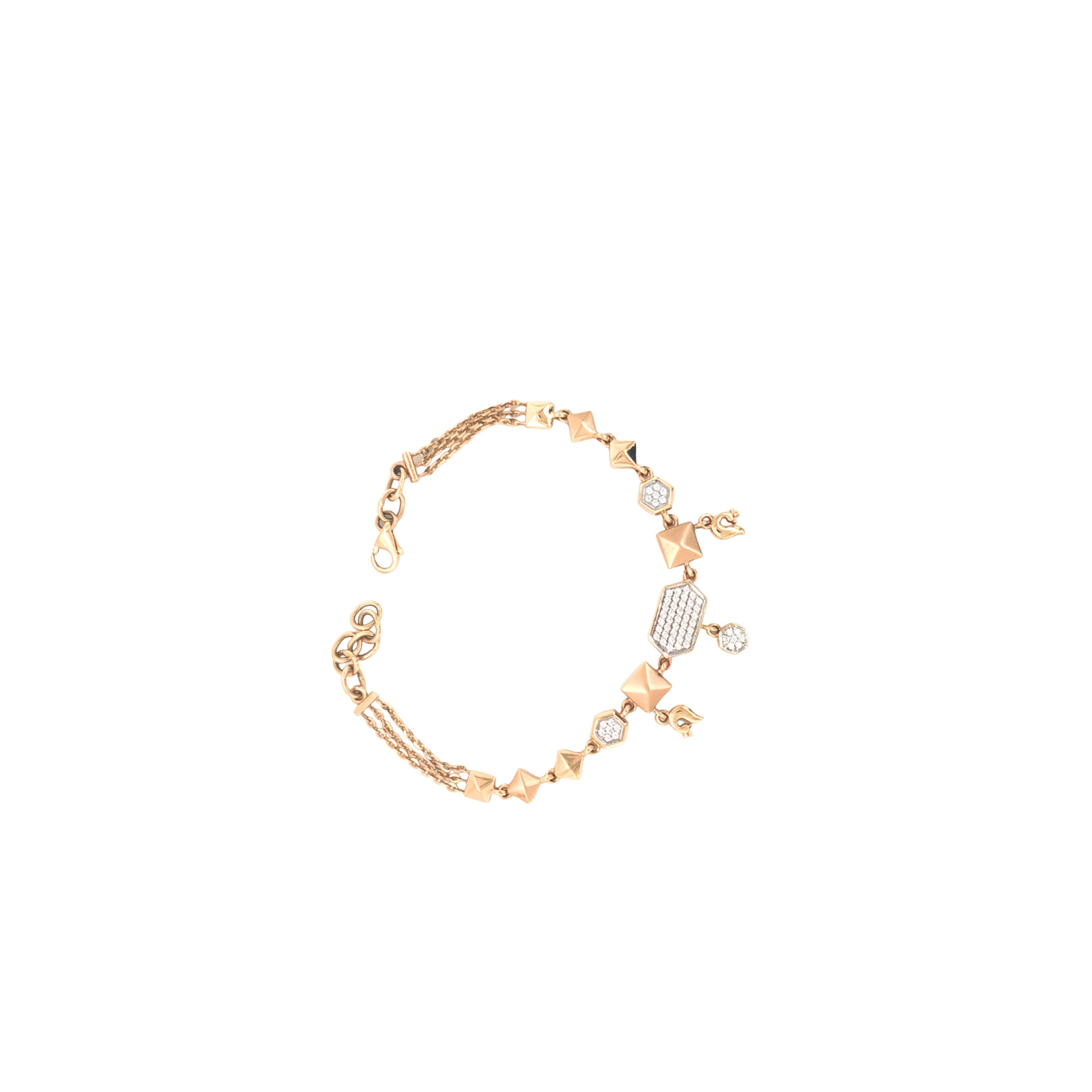 Stylish rose gold bracelet featuring geometric pyramid motifs, sparkling diamond accents, and dangling charm details with an adjustable chain clasp on a white background.