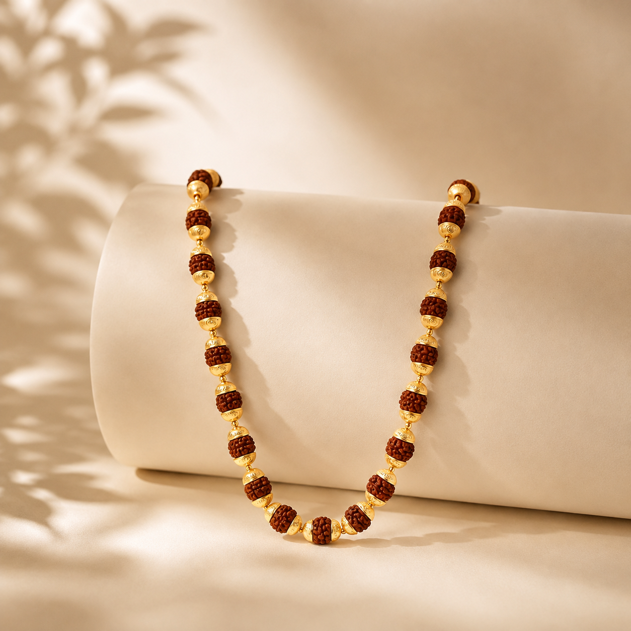 Elegant gold necklace featuring evenly spaced textured Rudraksha beads with intricate gold caps and connectors, arranged in a graceful long-chain design.
