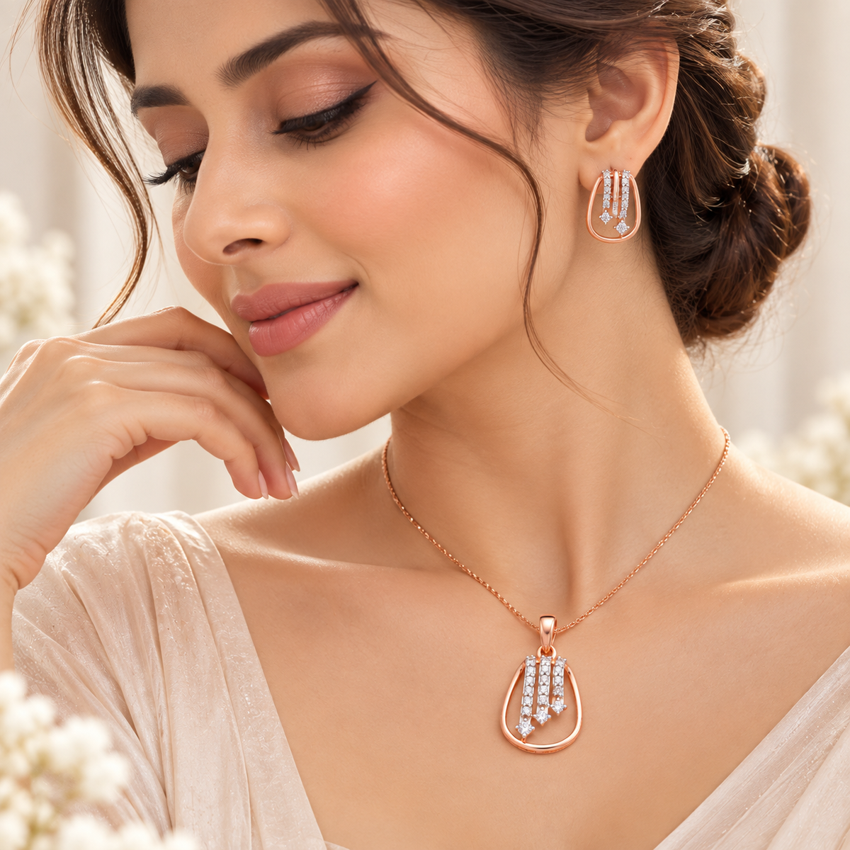 18KT Rose Gold Diamond Drop Pendant Set
